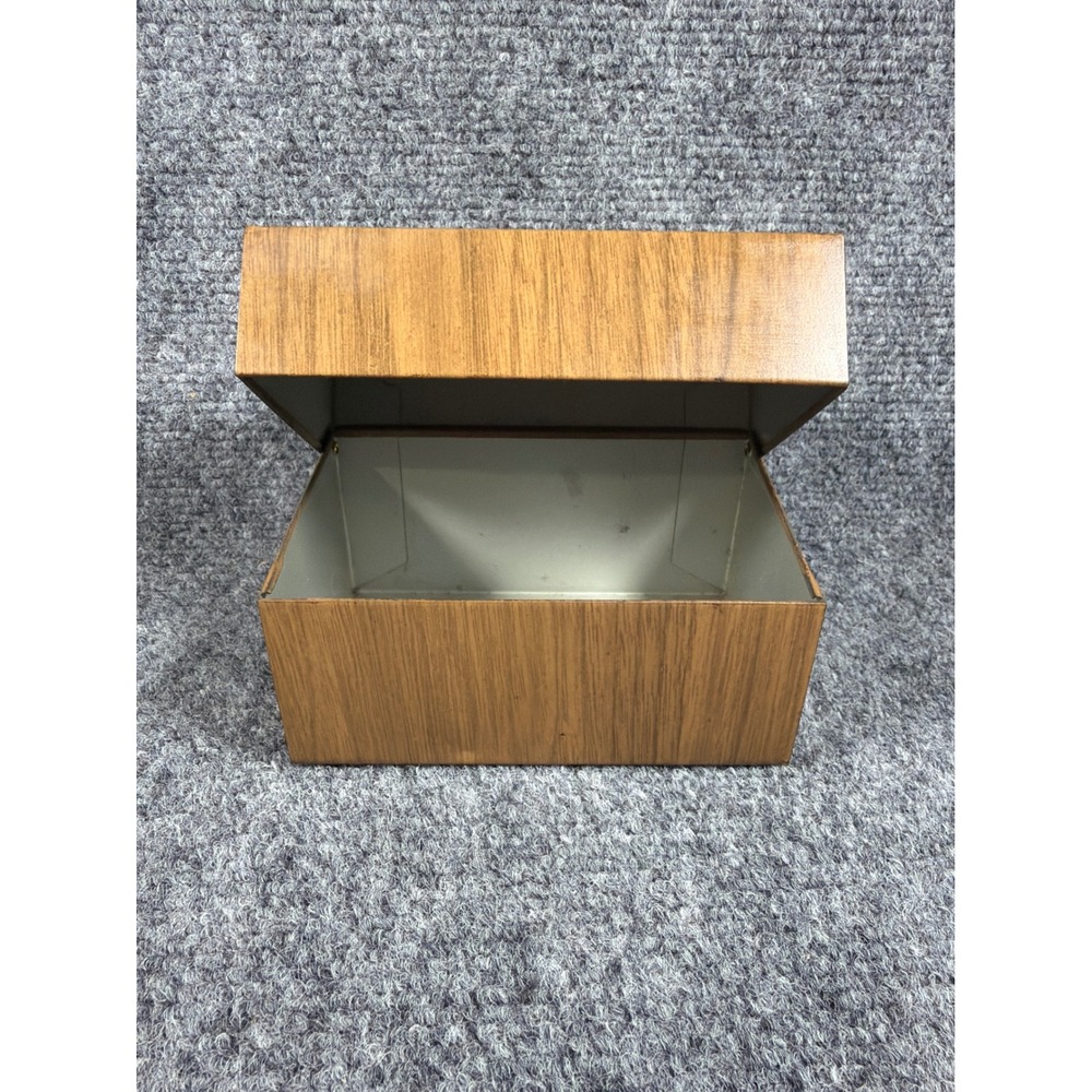 Vintage Faux Wood Grain Metal Hinged Storage Box Mid Century Recipe Tin Brown